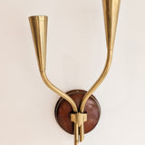 Pair of Rare Vintage Norwegian Brass and Wood Plug-in Wall Sconces with Original Shades