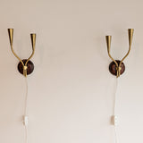 Pair of Rare Vintage Norwegian Brass and Wood Plug-in Wall Sconces with Original Shades