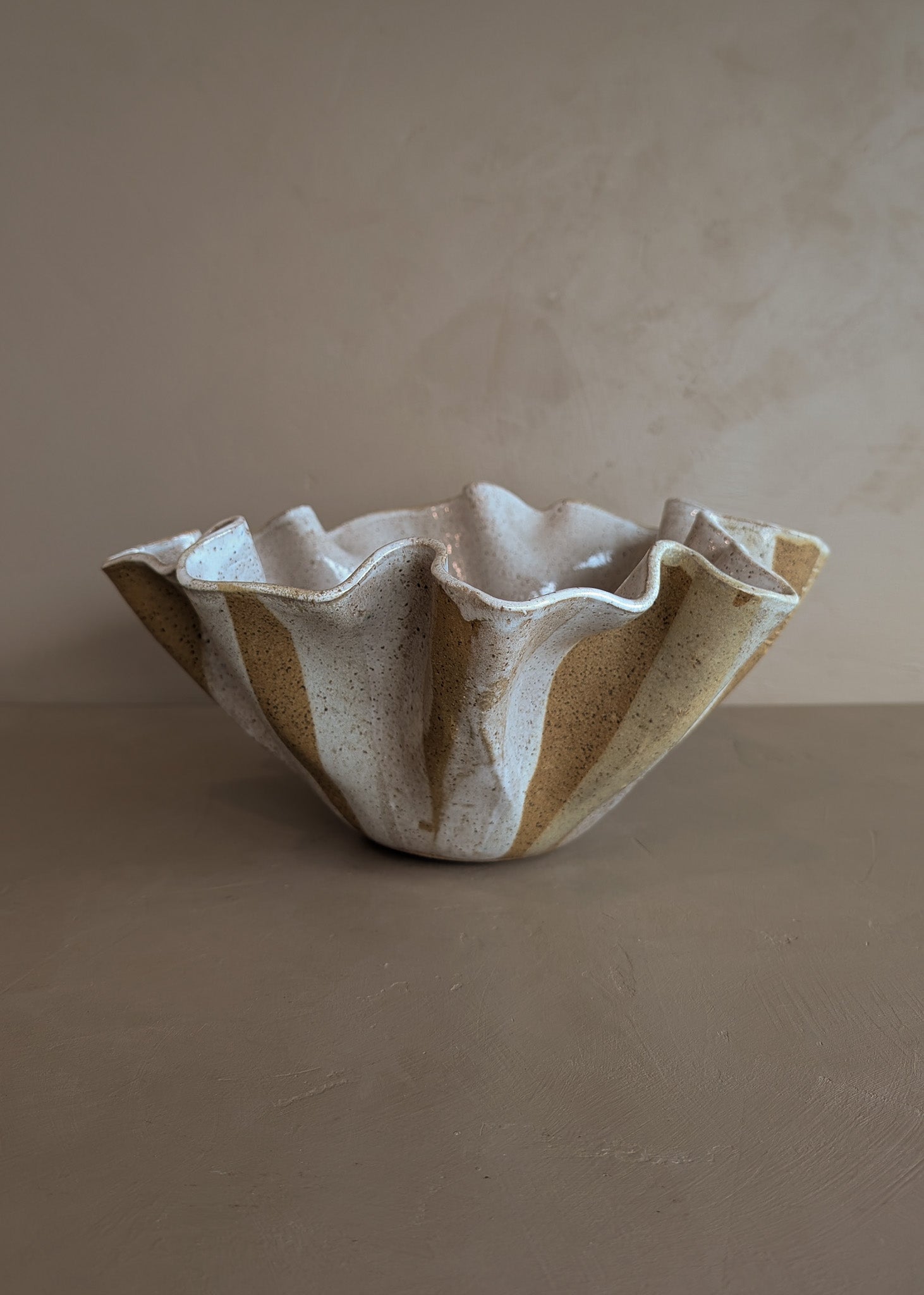 Large Vintage Speckled and Ruffled Signed Studio Pottery Bowl/Vase