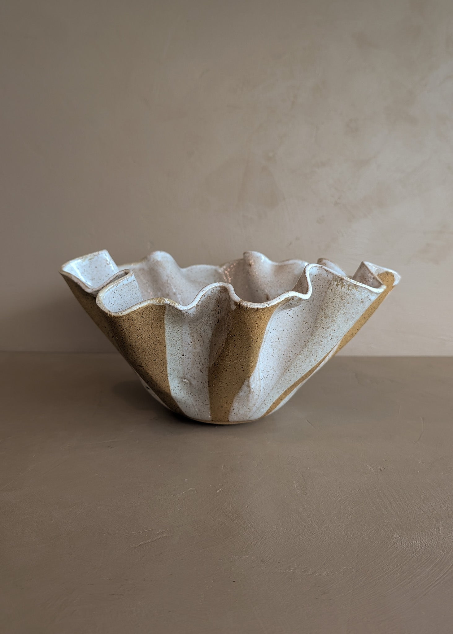 Large Vintage Speckled and Ruffled Signed Studio Pottery Bowl/Vase