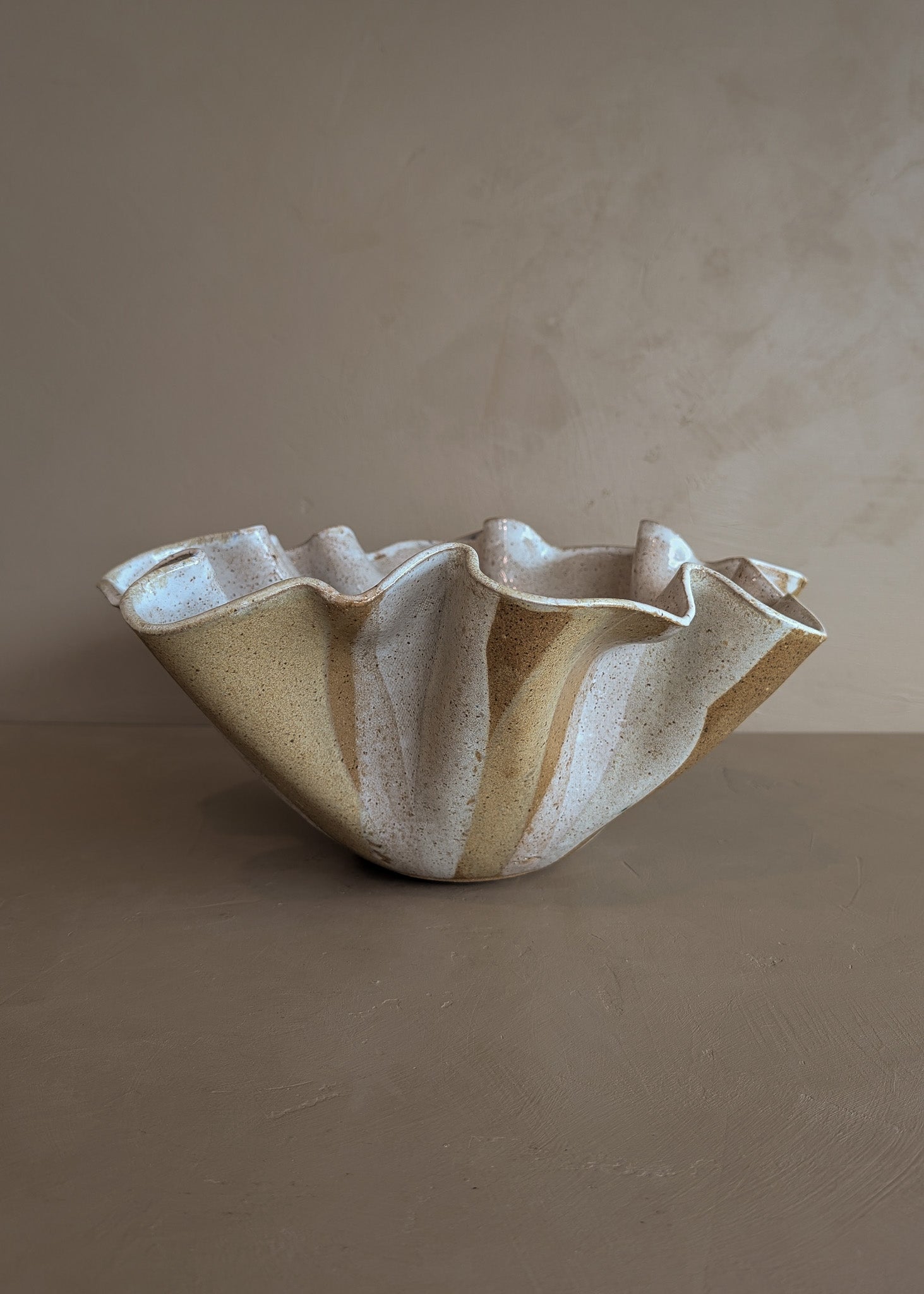 Large Vintage Speckled and Ruffled Signed Studio Pottery Bowl/Vase
