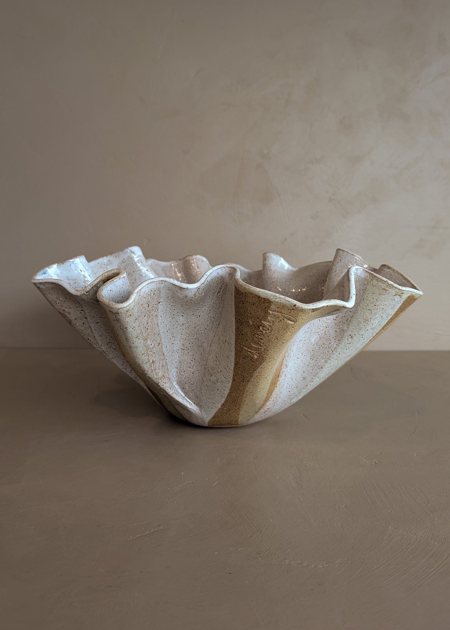 Large Vintage Speckled and Ruffled Signed Studio Pottery Bowl/Vase