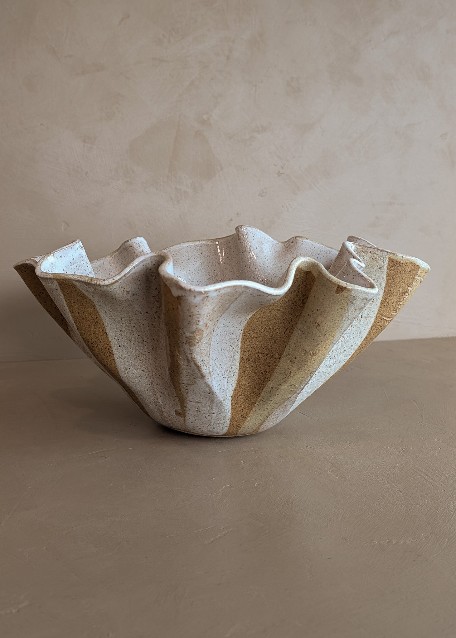 Large Vintage Speckled and Ruffled Signed Studio Pottery Bowl/Vase