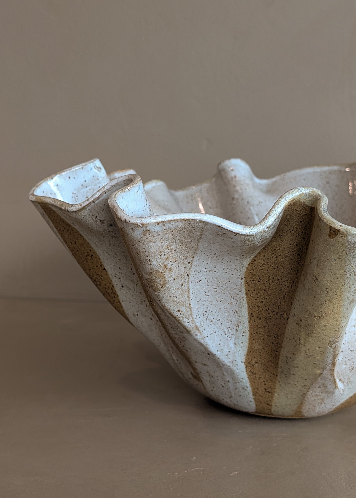 Large Vintage Speckled and Ruffled Signed Studio Pottery Bowl/Vase