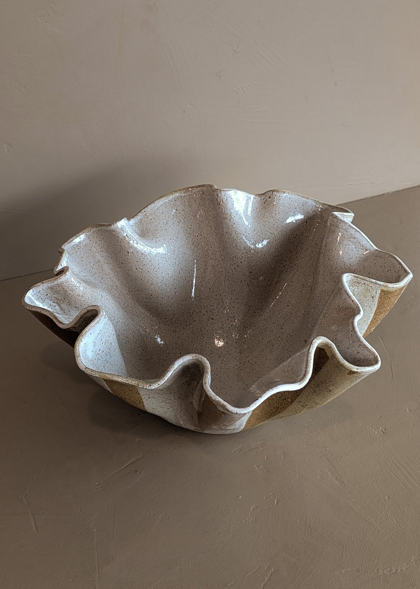 Large Vintage Speckled and Ruffled Signed Studio Pottery Bowl/Vase