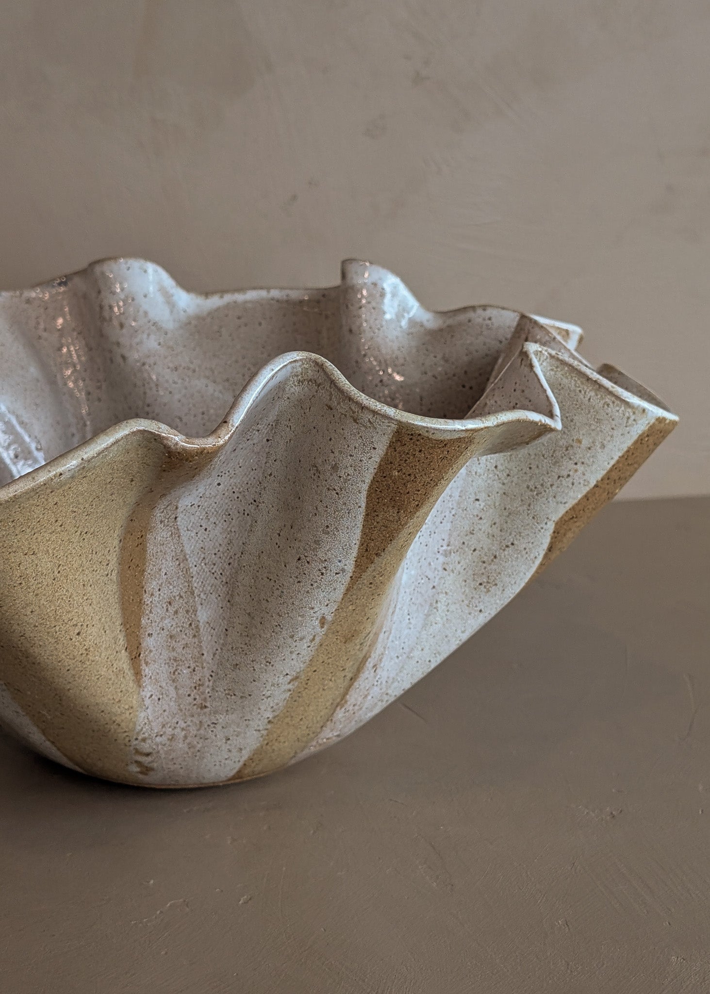 Large Vintage Speckled and Ruffled Signed Studio Pottery Bowl/Vase