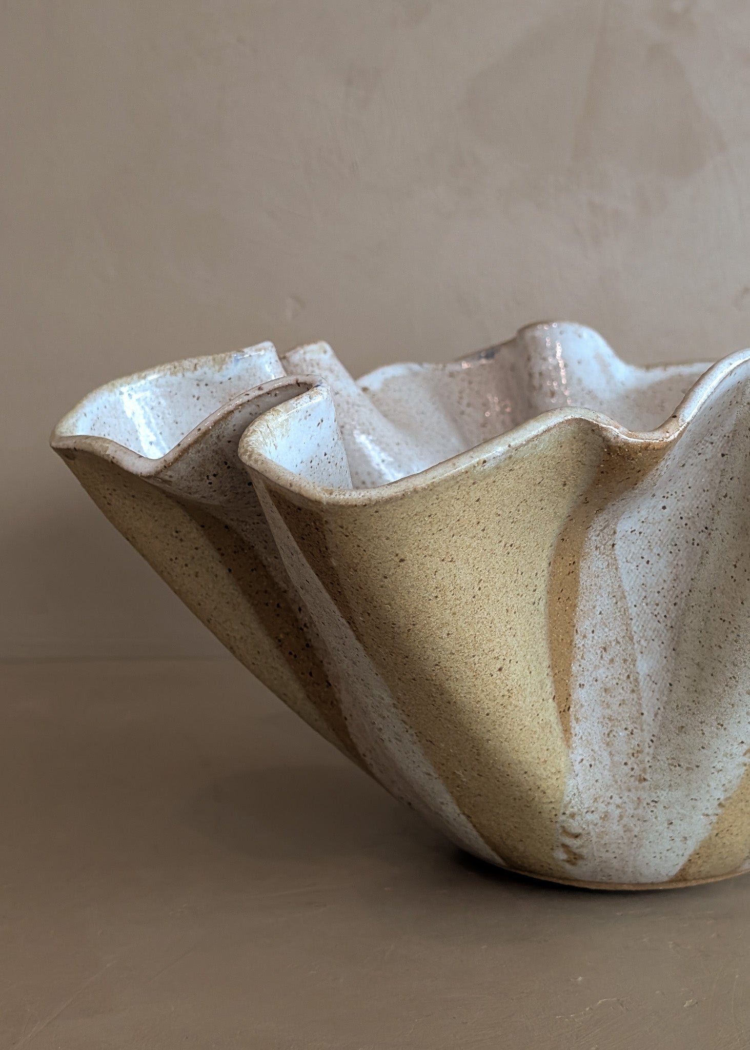 Large Vintage Speckled and Ruffled Signed Studio Pottery Bowl/Vase