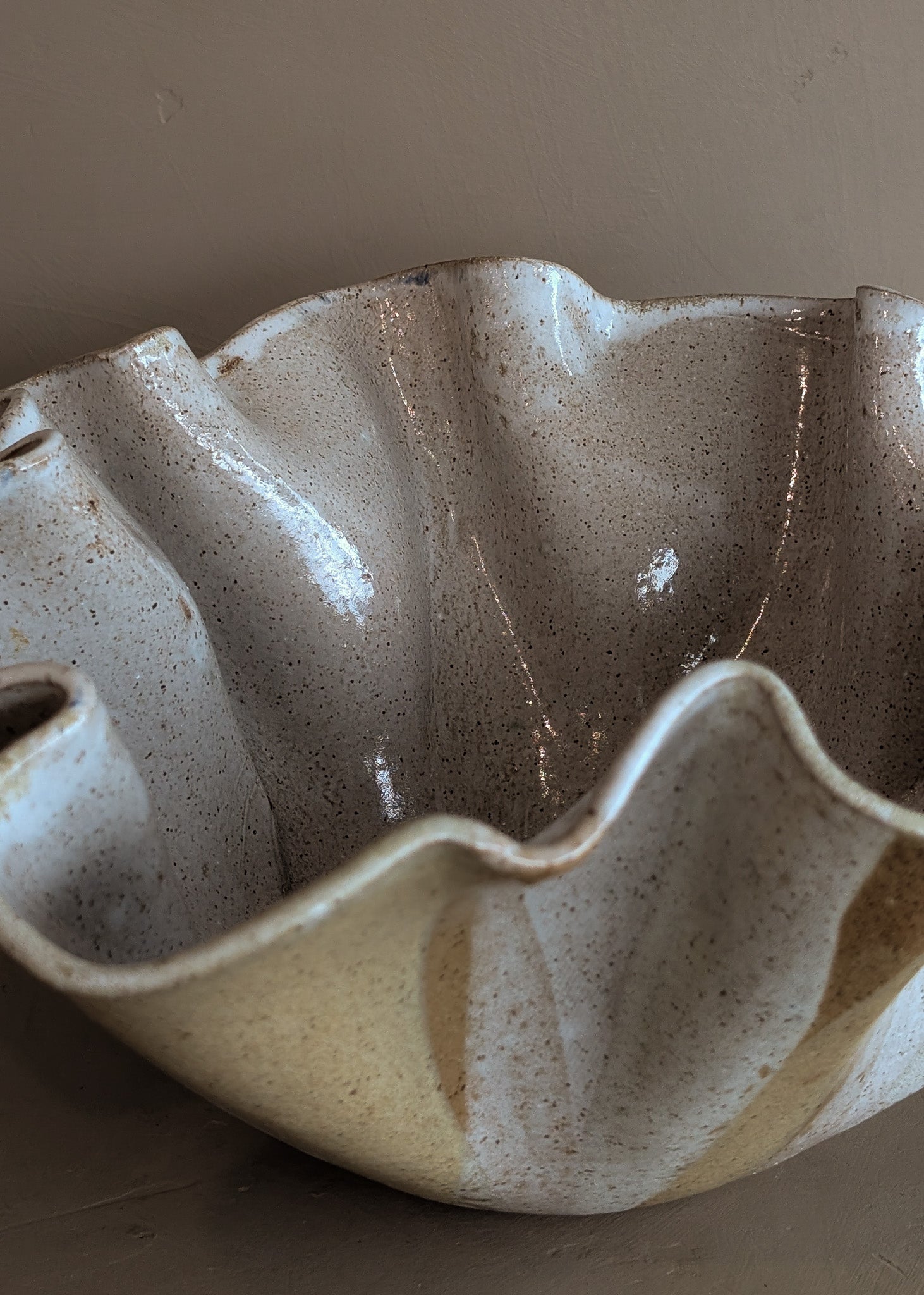 Large Vintage Speckled and Ruffled Signed Studio Pottery Bowl/Vase