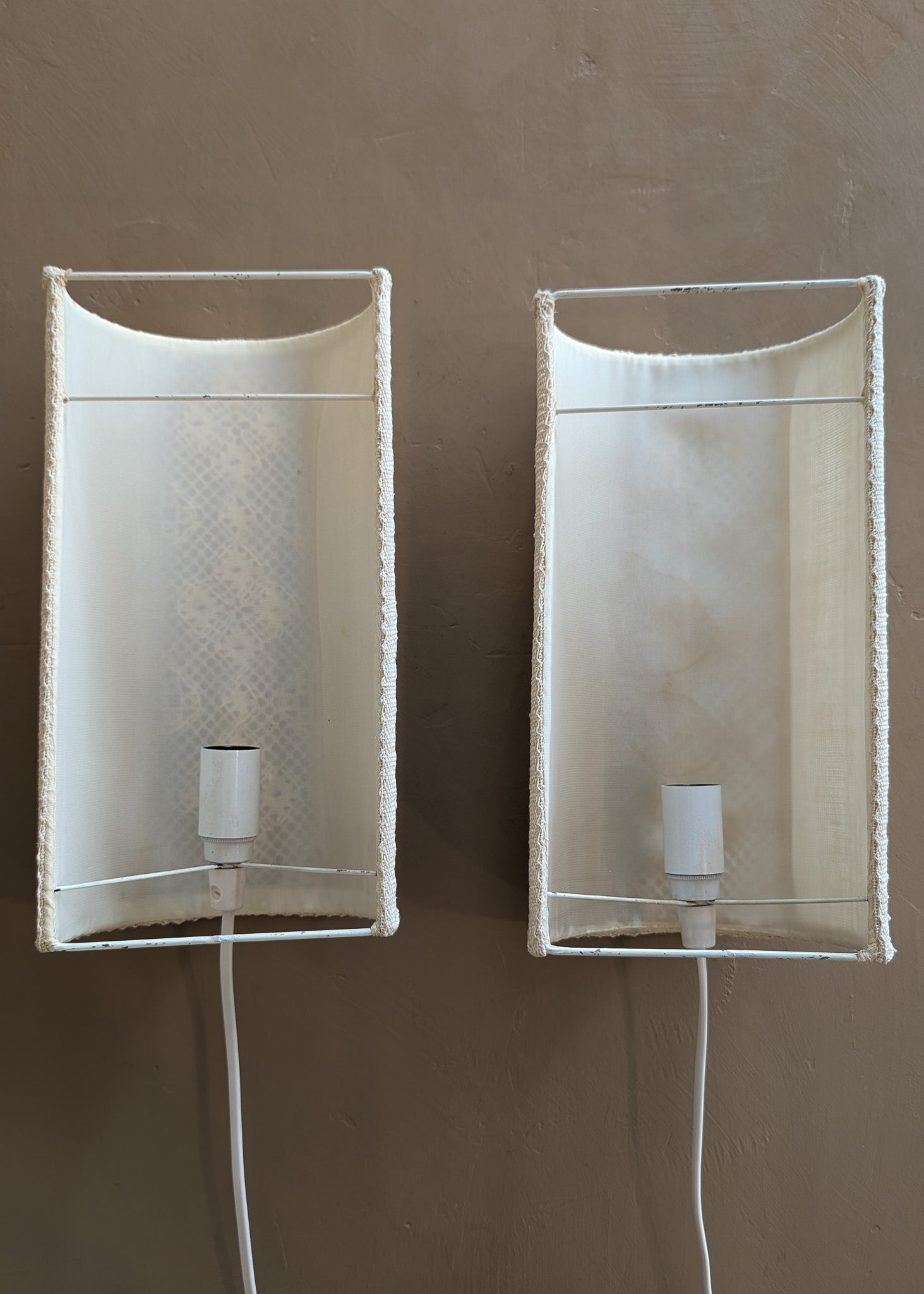 Pair of Vintage Swedish Crocheted and Fabric Plug-In Wall Sconces
