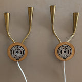 Pair of Rare Vintage Norwegian Brass and Wood Plug-in Wall Sconces with Original Shades