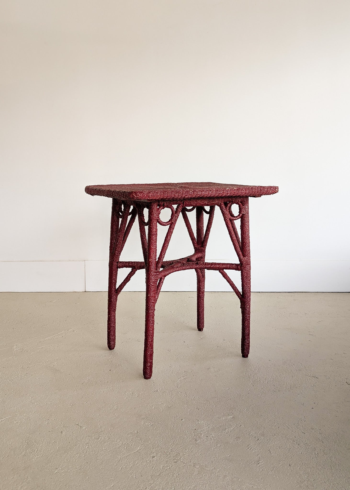 Unique Antique Raspberry-Red Painted Rope and Wicker Side Accent Table