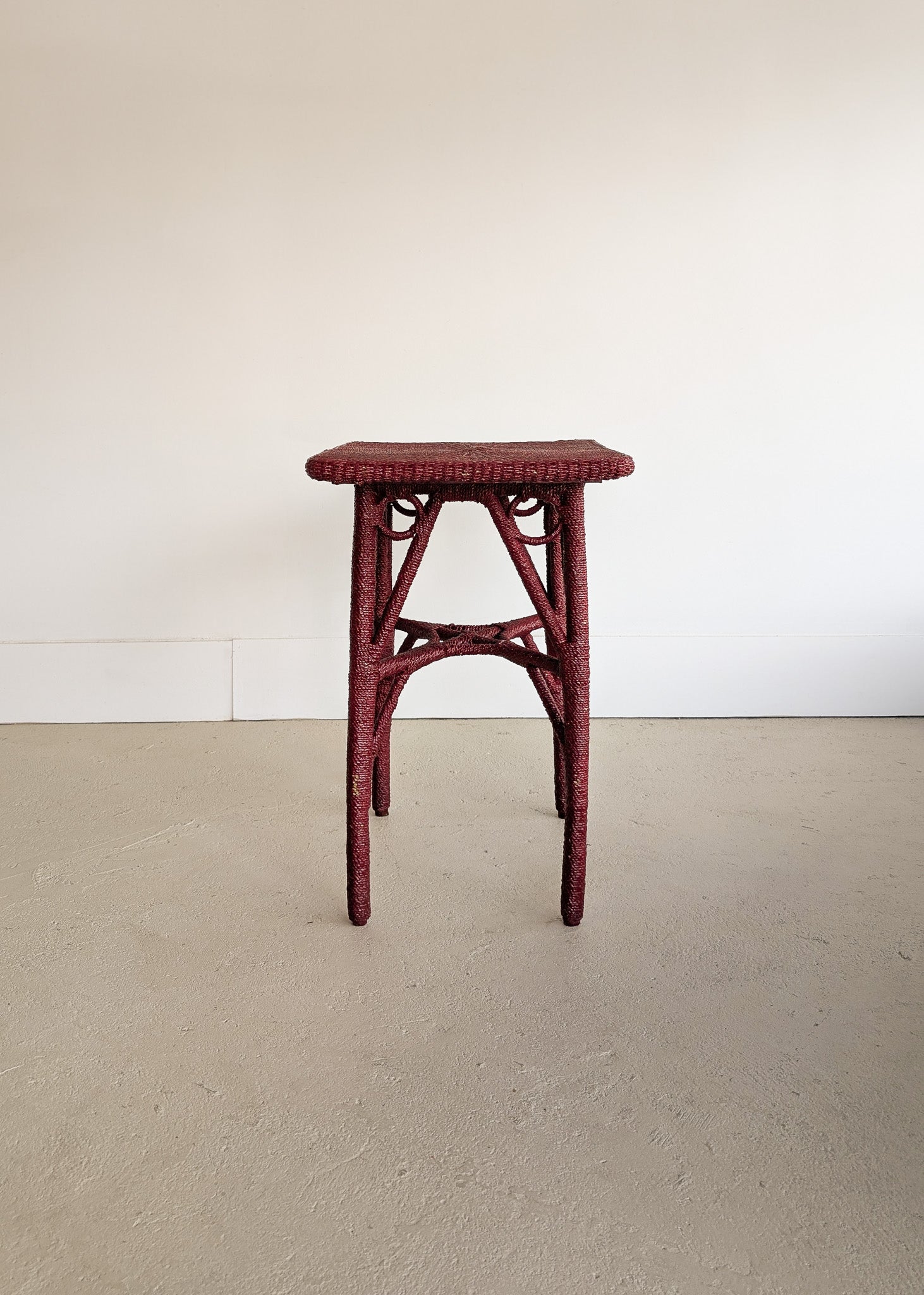 Unique Antique Raspberry-Red Painted Rope and Wicker Side Accent Table
