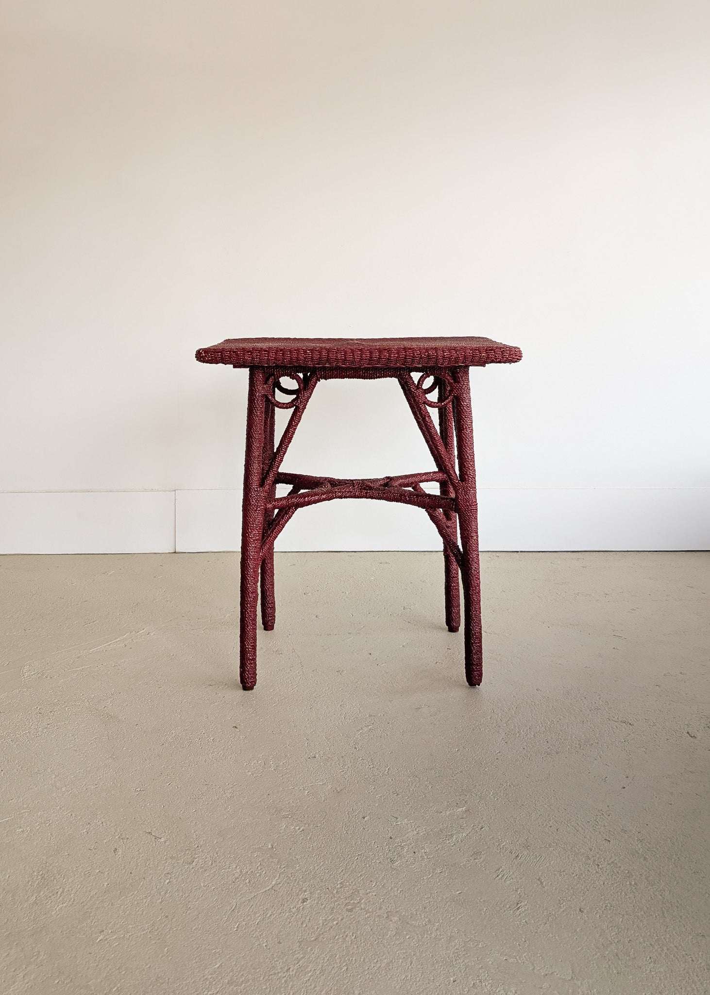 Unique Antique Raspberry-Red Painted Rope and Wicker Side Accent Table