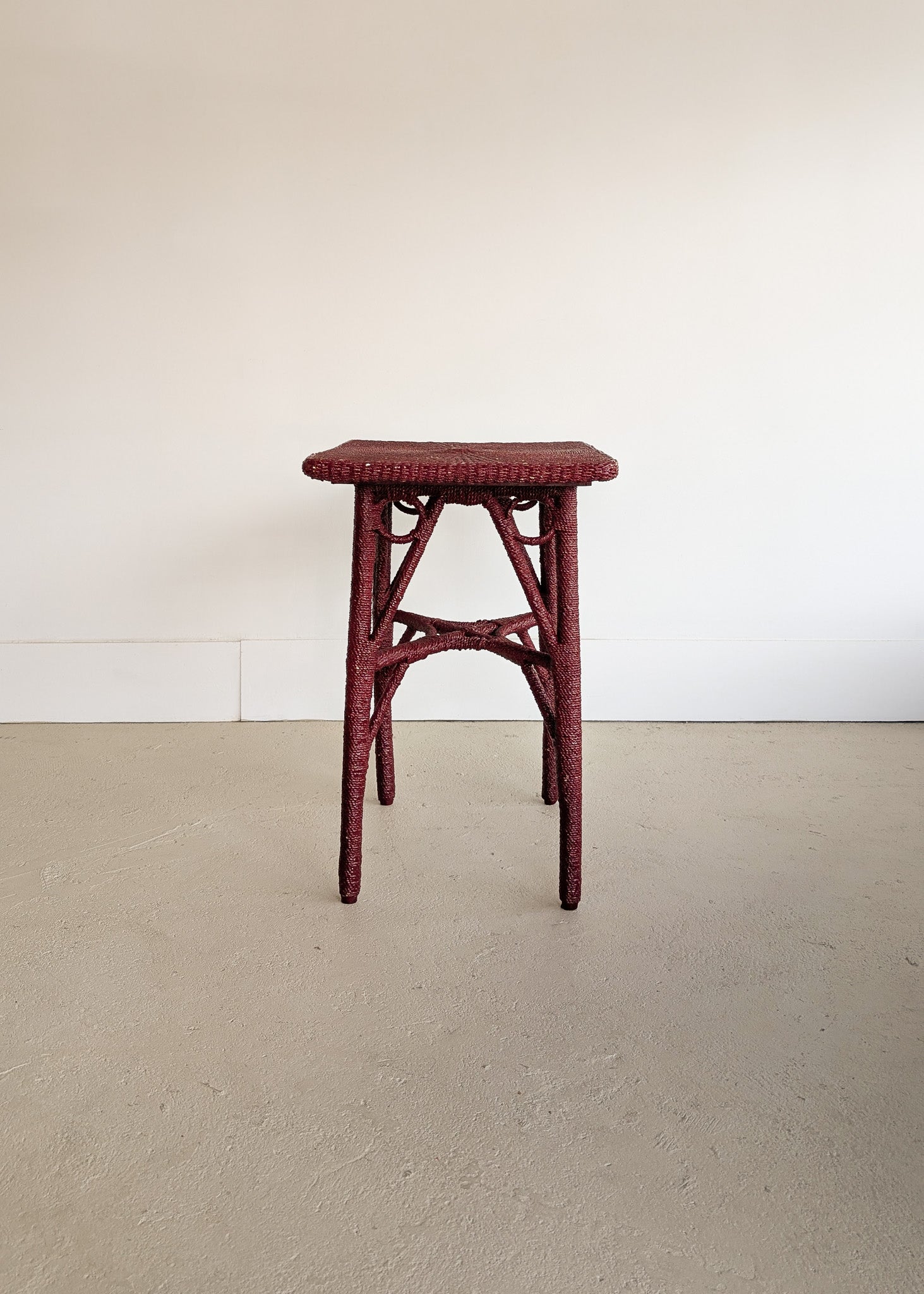 Unique Antique Raspberry-Red Painted Rope and Wicker Side Accent Table