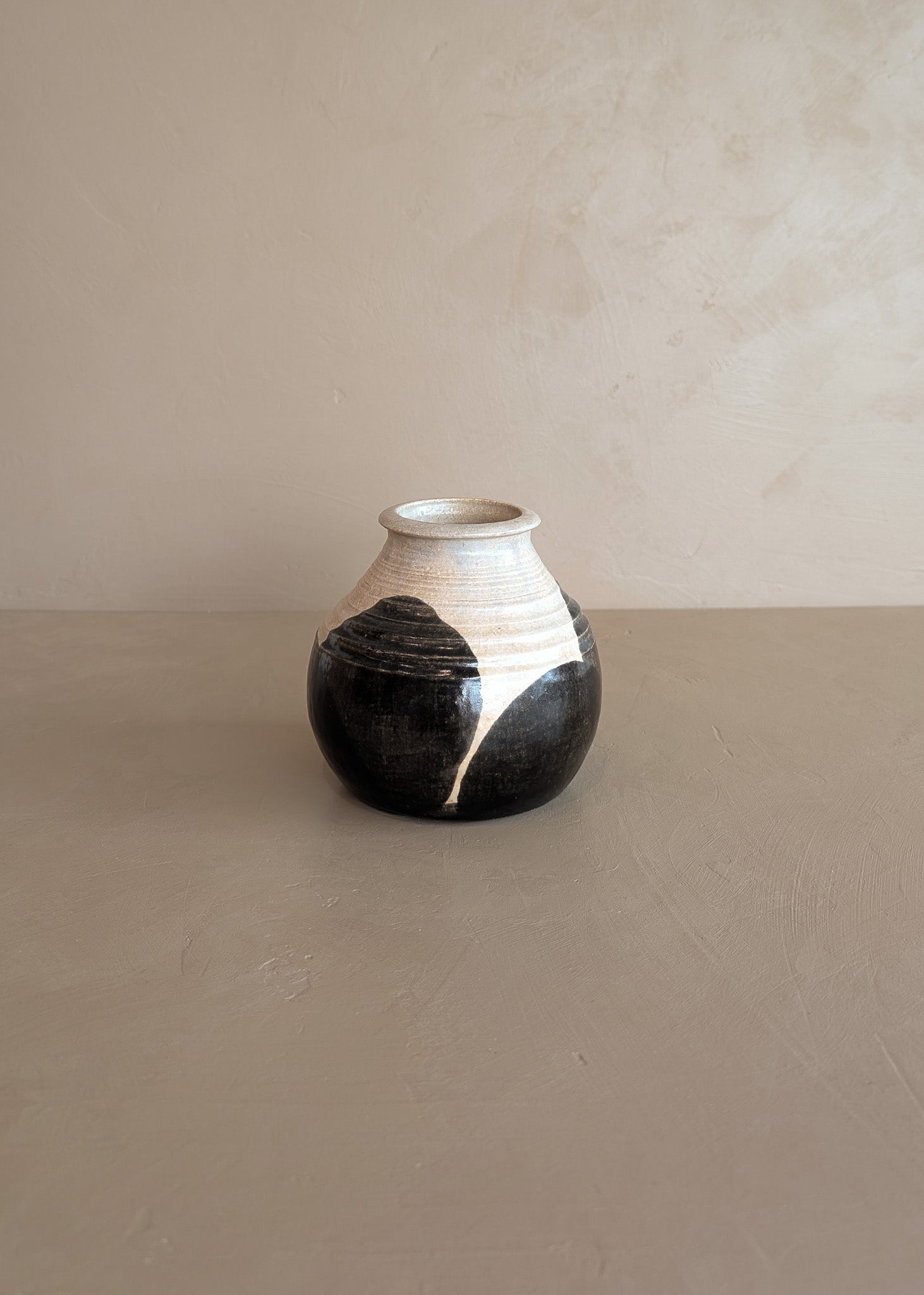 Beige Studio Pottery Vase with Black Geometric Circles