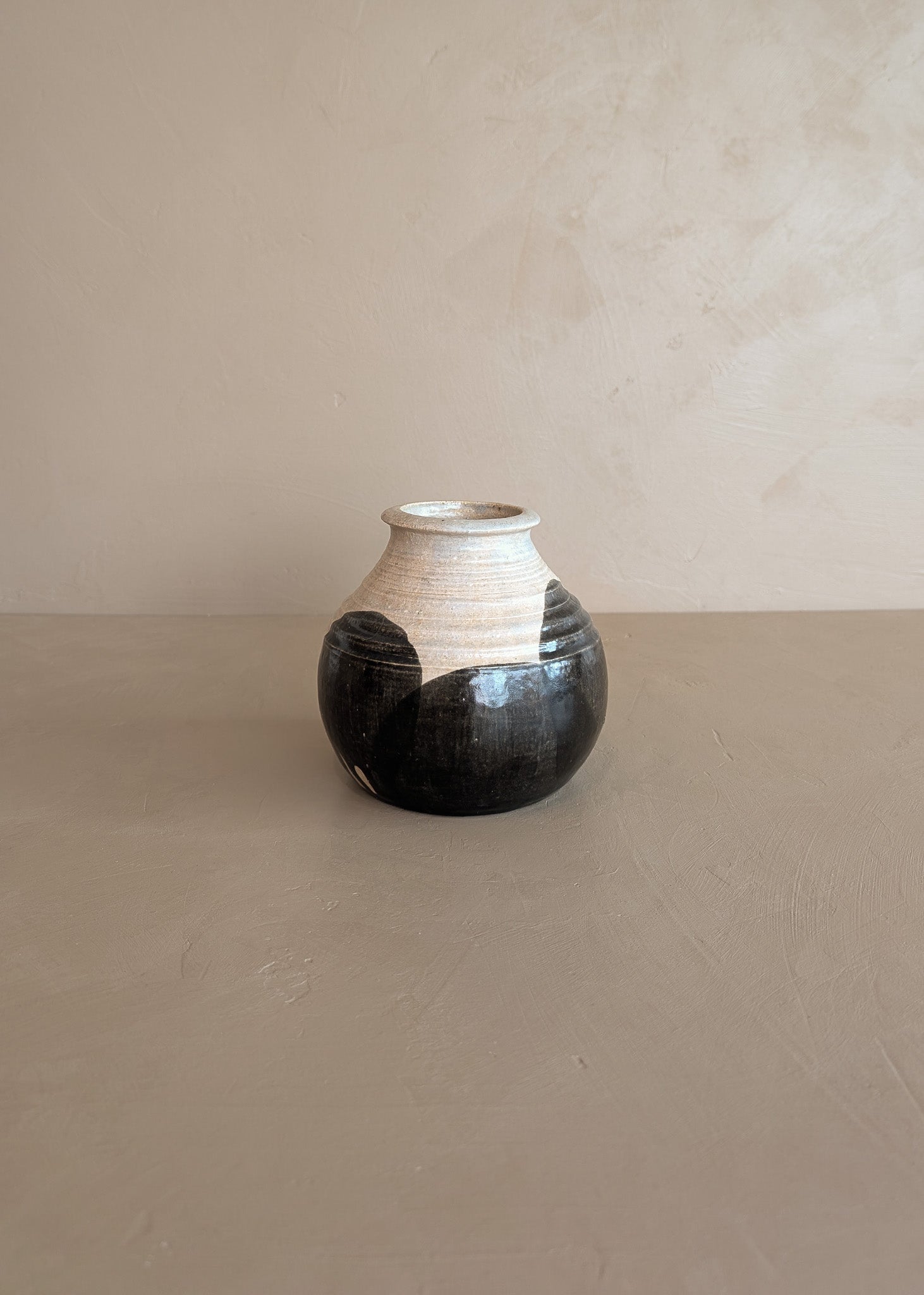 Beige Studio Pottery Vase with Black Geometric Circles