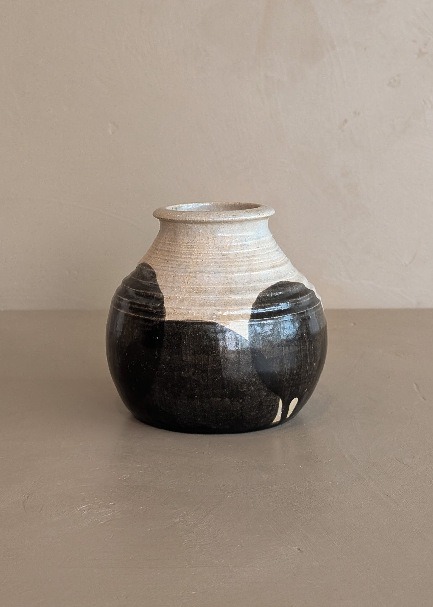 Beige Studio Pottery Vase with Black Geometric Circles