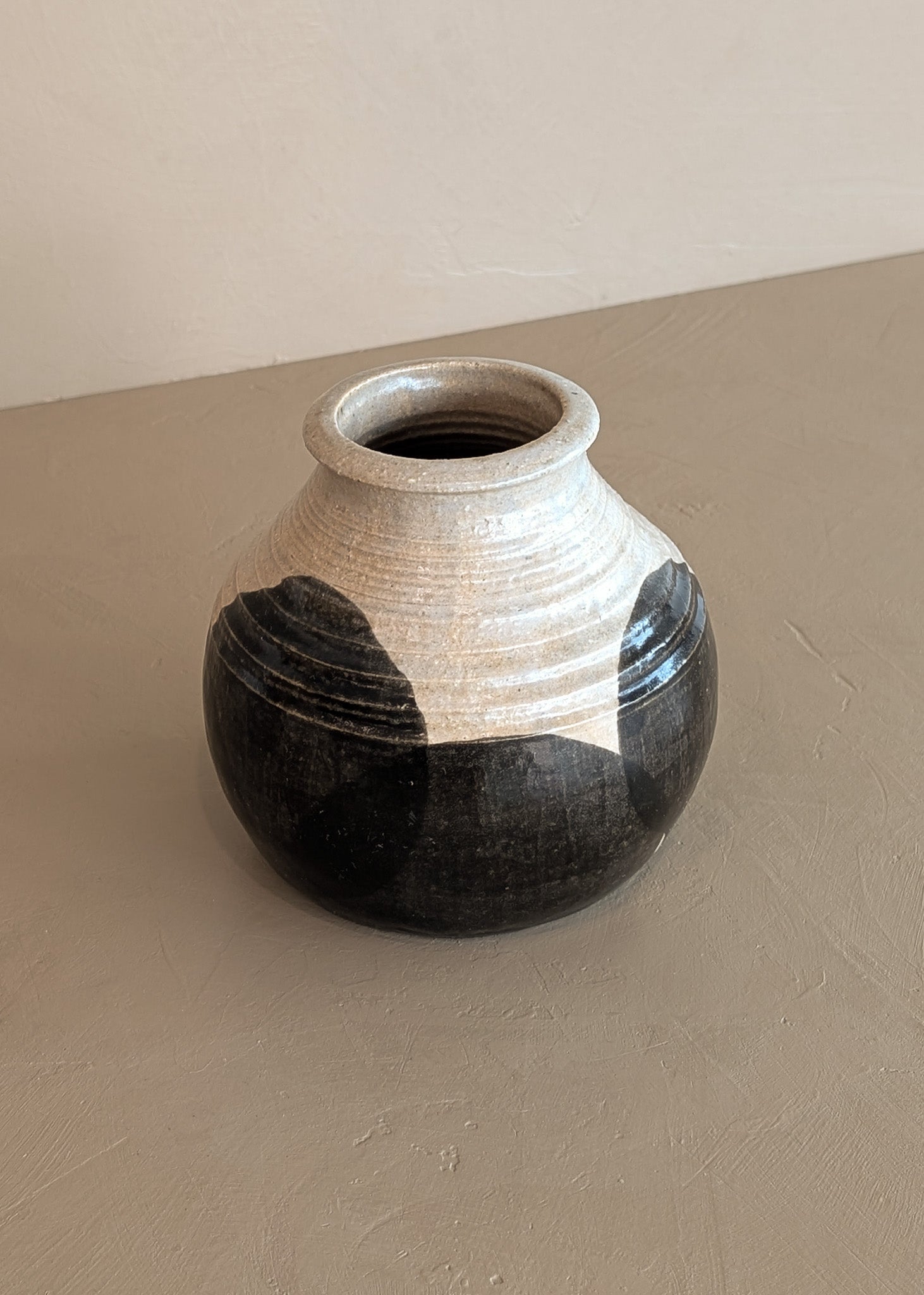 Beige Studio Pottery Vase with Black Geometric Circles