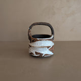 Unique Dark Brown and White Brutalist Studio Pottery Handled Vase with Freeform Design
