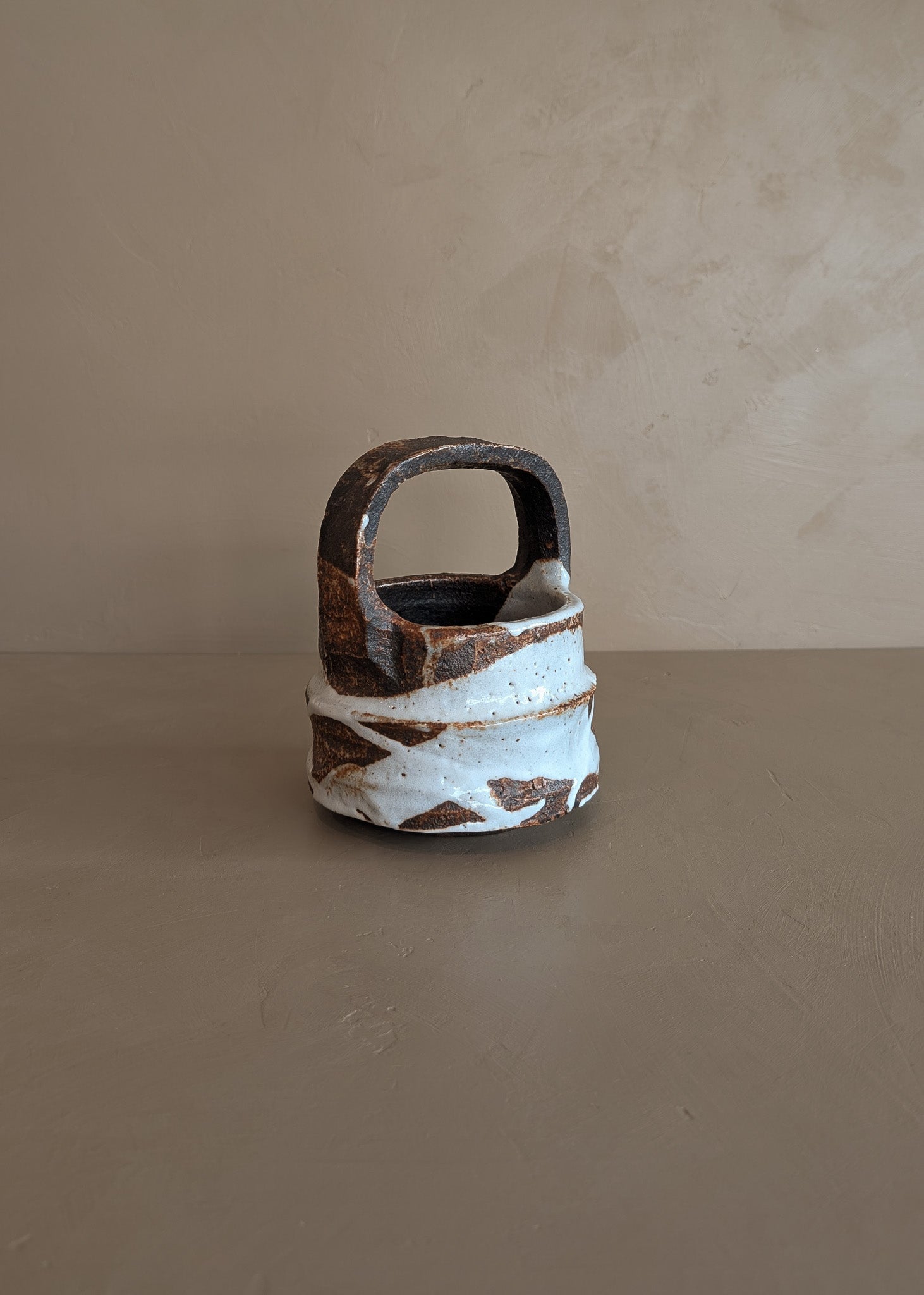 Unique Dark Brown and White Brutalist Studio Pottery Handled Vase with Freeform Design