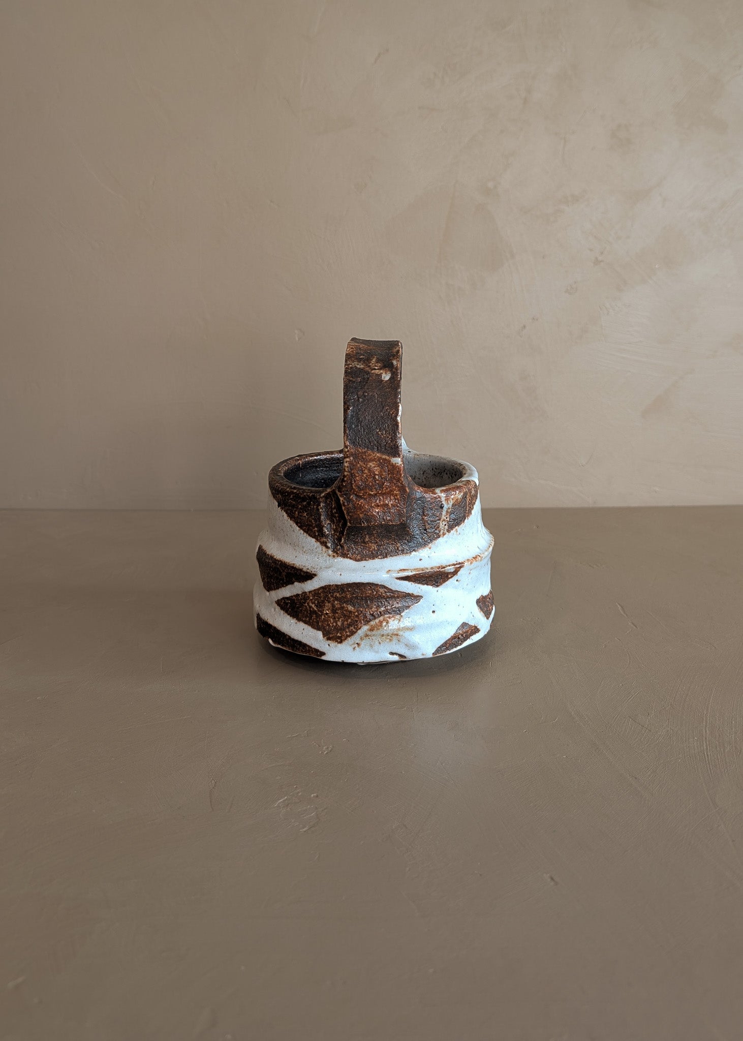 Unique Dark Brown and White Brutalist Studio Pottery Handled Vase with Freeform Design