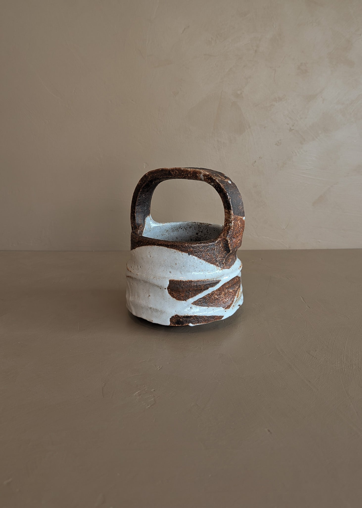 Unique Dark Brown and White Brutalist Studio Pottery Handled Vase with Freeform Design