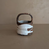 Unique Dark Brown and White Brutalist Studio Pottery Handled Vase with Freeform Design