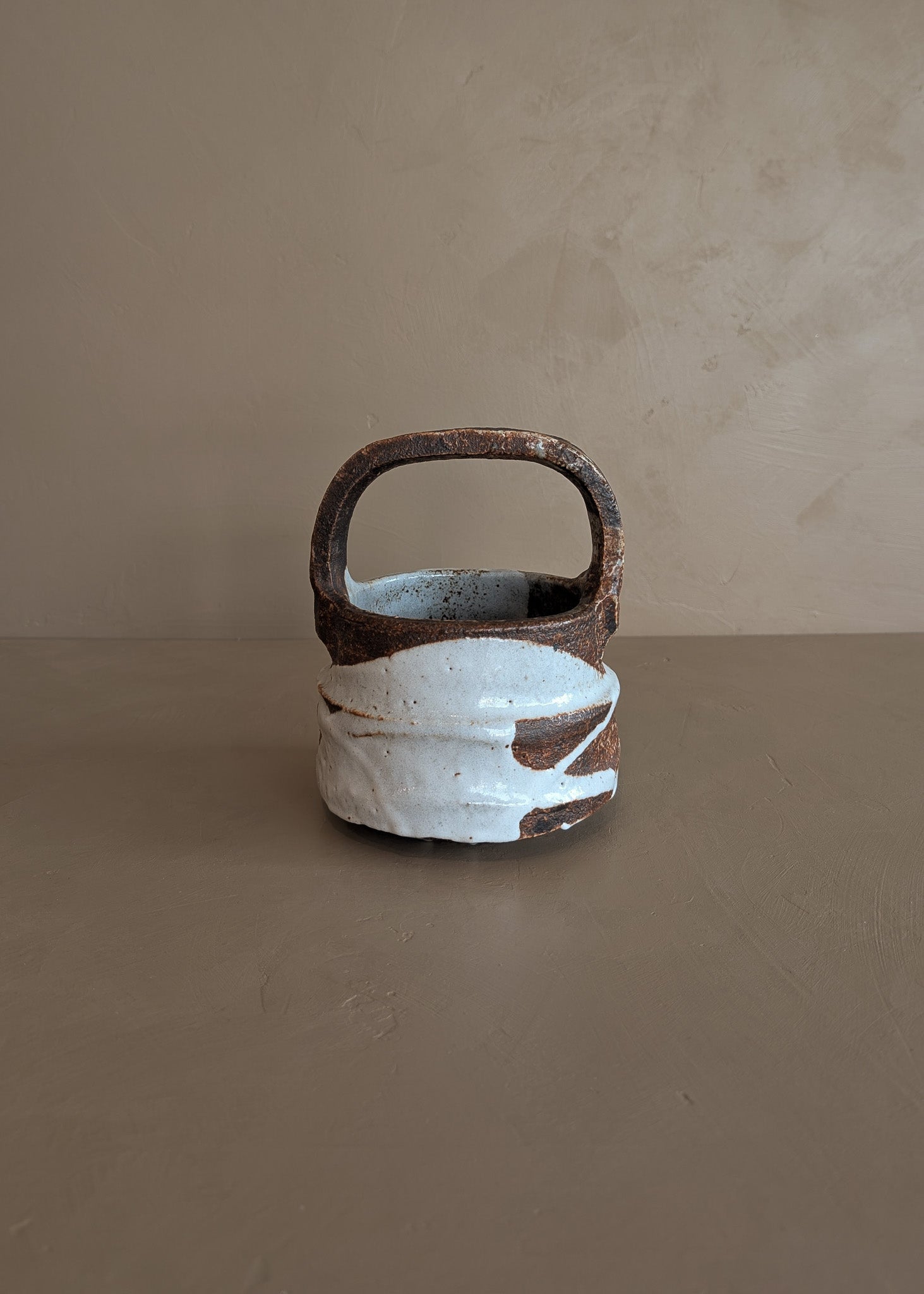 Unique Dark Brown and White Brutalist Studio Pottery Handled Vase with Freeform Design