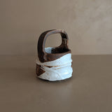 Unique Dark Brown and White Brutalist Studio Pottery Handled Vase with Freeform Design