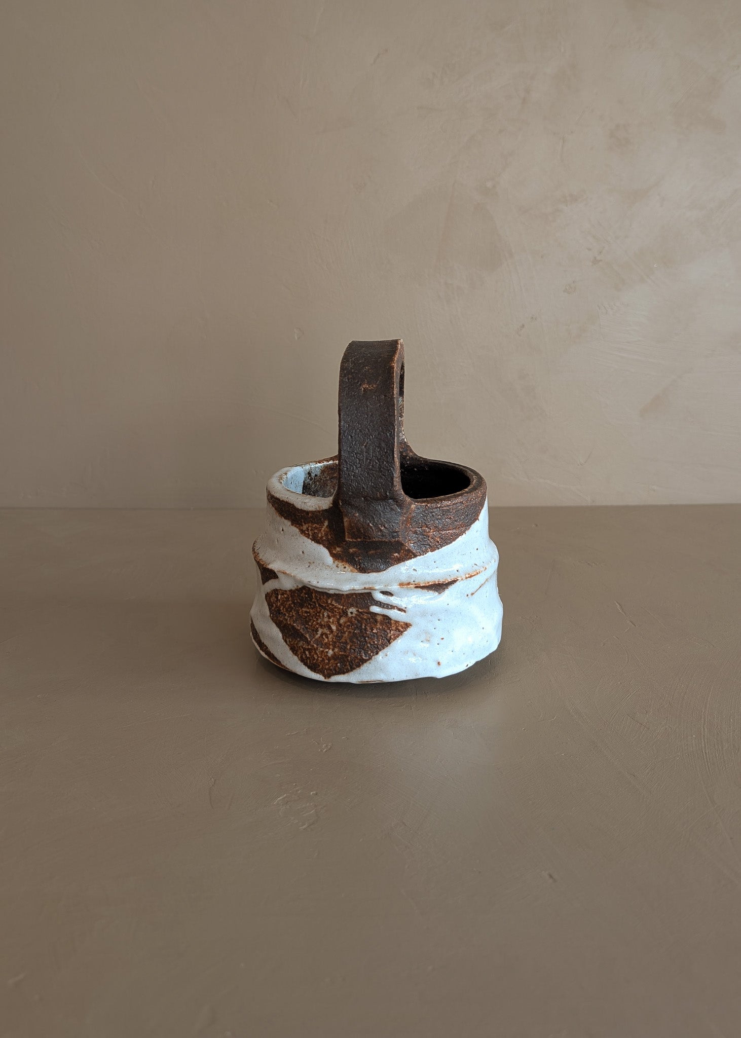 Unique Dark Brown and White Brutalist Studio Pottery Handled Vase with Freeform Design