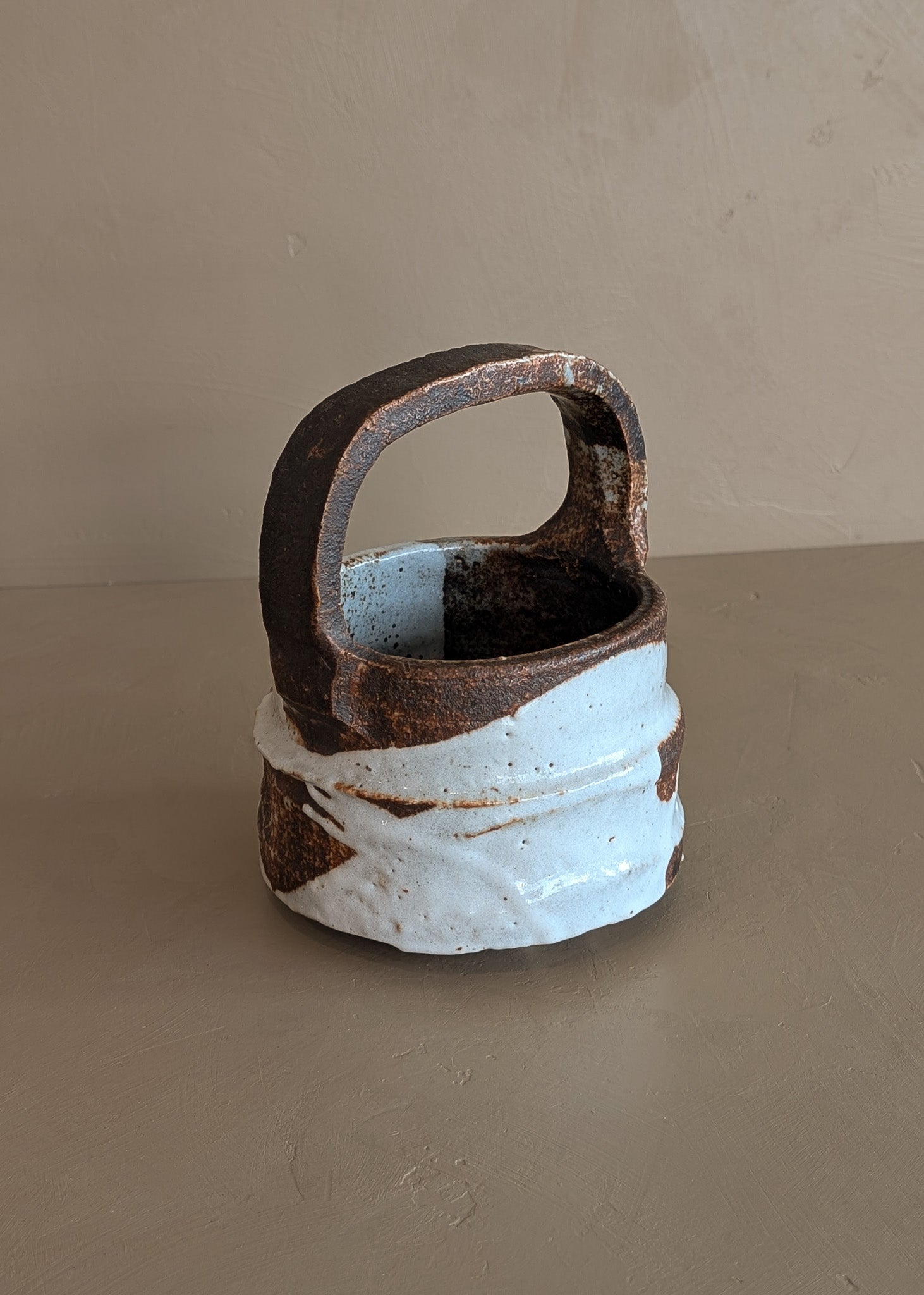Unique Dark Brown and White Brutalist Studio Pottery Handled Vase with Freeform Design