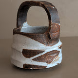 Unique Dark Brown and White Brutalist Studio Pottery Handled Vase with Freeform Design