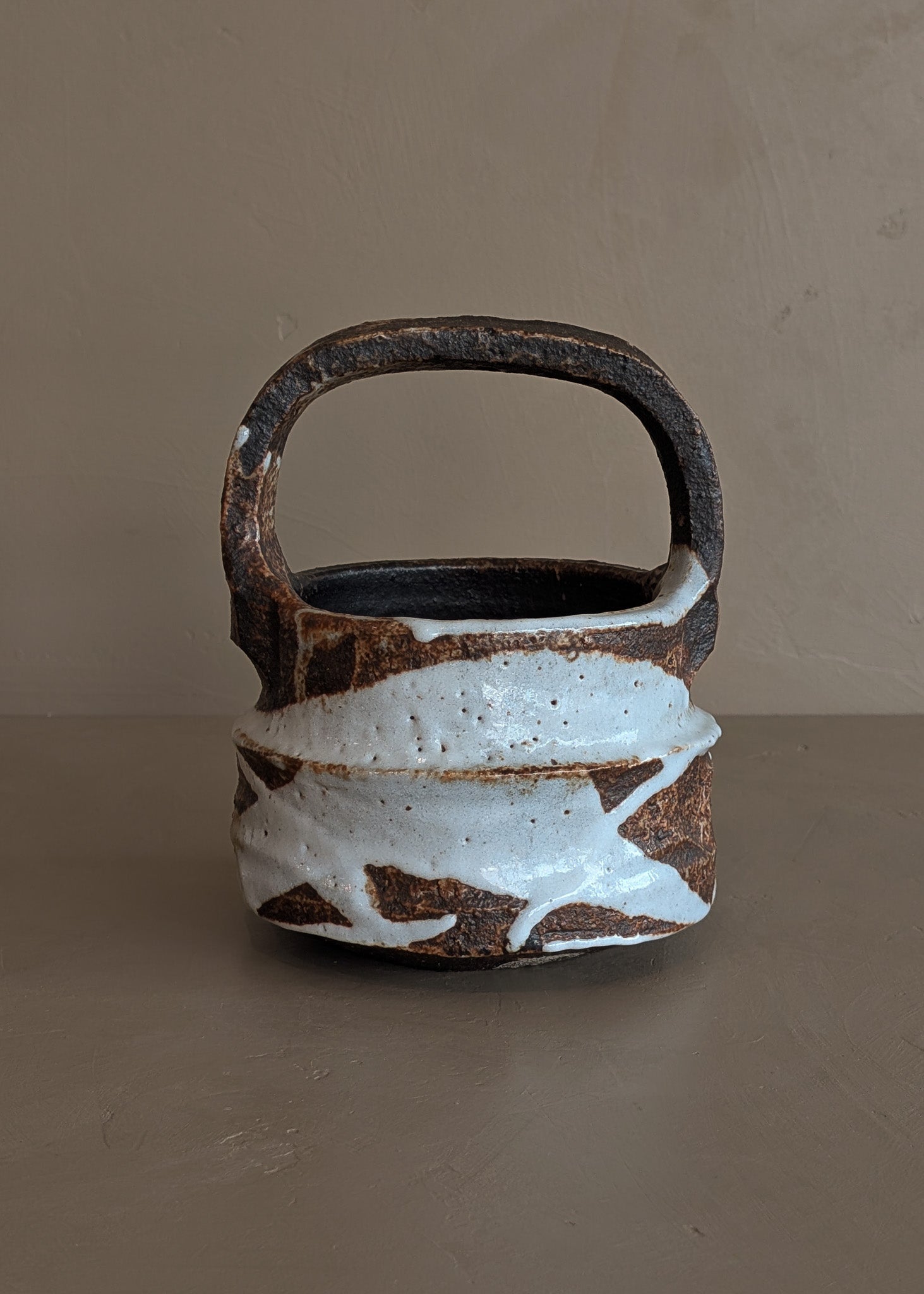 Unique Dark Brown and White Brutalist Studio Pottery Handled Vase with Freeform Design