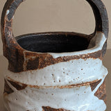 Unique Dark Brown and White Brutalist Studio Pottery Handled Vase with Freeform Design
