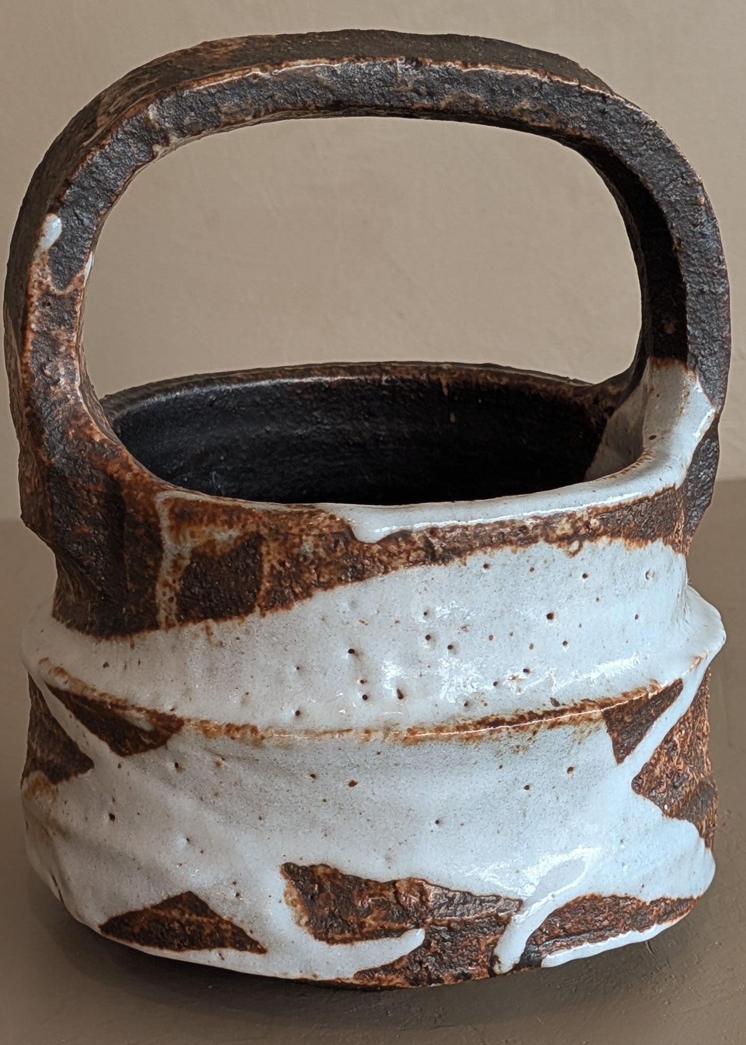Unique Dark Brown and White Brutalist Studio Pottery Handled Vase with Freeform Design