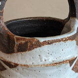 Unique Dark Brown and White Brutalist Studio Pottery Handled Vase with Freeform Design