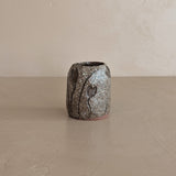 Petite Textured Brown Studio Pottery Vase with Incised Tulip Flower Detail