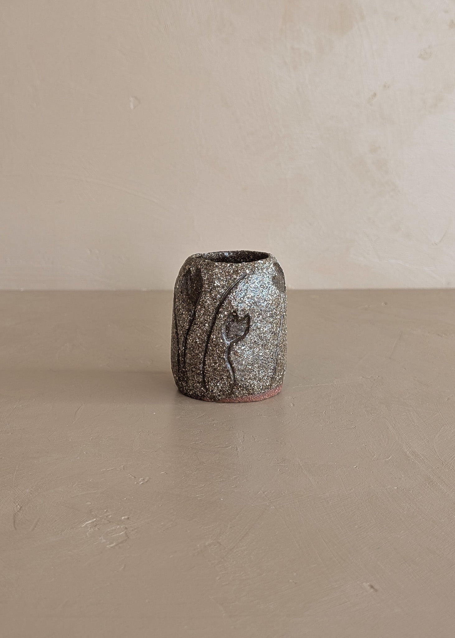 Petite Textured Brown Studio Pottery Vase with Incised Tulip Flower Detail
