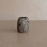 Petite Textured Brown Studio Pottery Vase with Incised Tulip Flower Detail