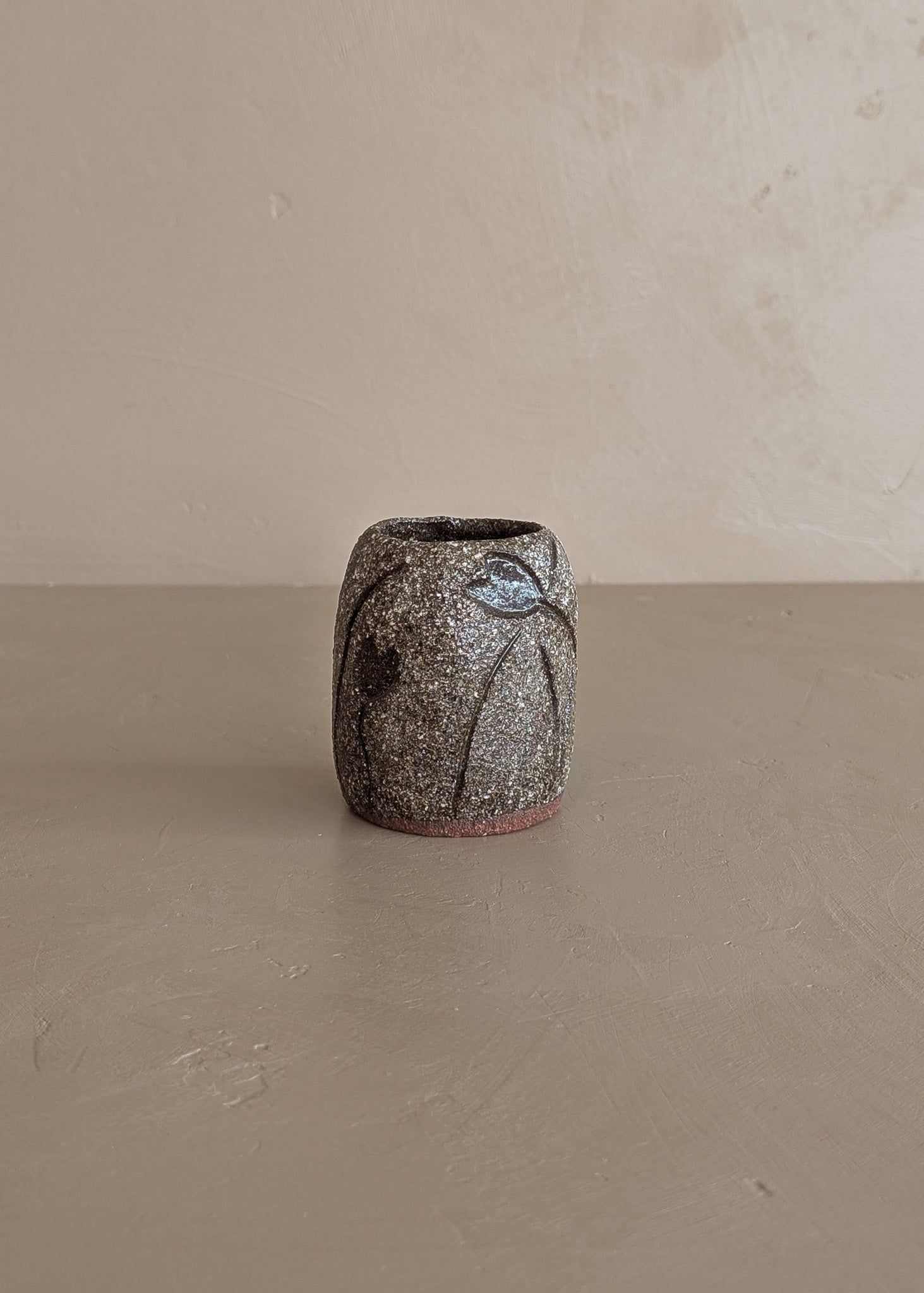 Petite Textured Brown Studio Pottery Vase with Incised Tulip Flower Detail