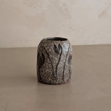 Petite Textured Brown Studio Pottery Vase with Incised Tulip Flower Detail
