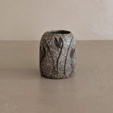 Petite Textured Brown Studio Pottery Vase with Incised Tulip Flower Detail