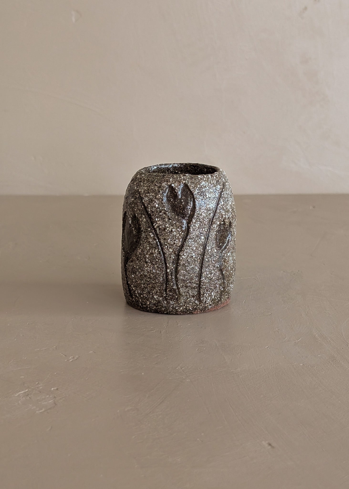 Petite Textured Brown Studio Pottery Vase with Incised Tulip Flower Detail