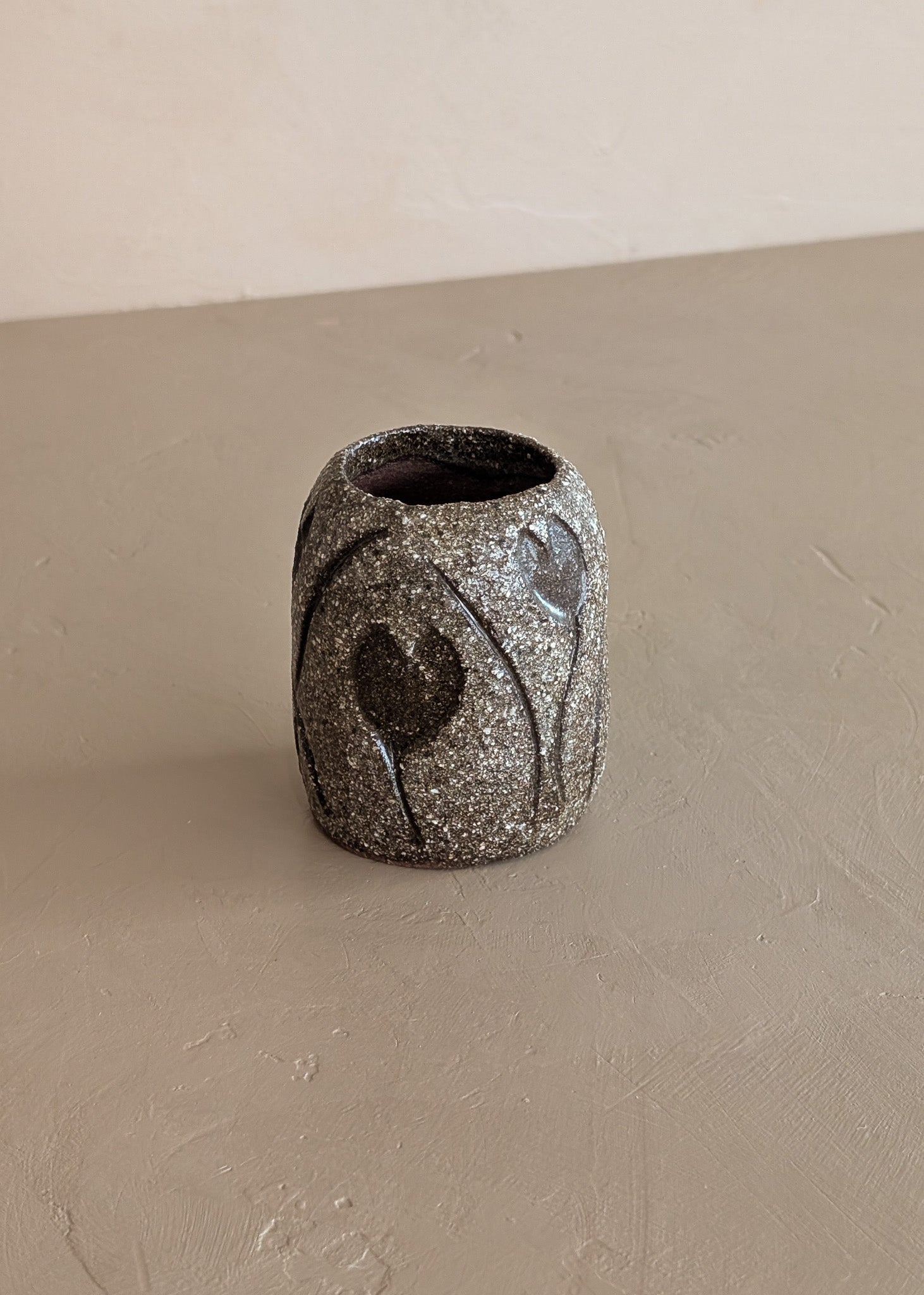 Petite Textured Brown Studio Pottery Vase with Incised Tulip Flower Detail