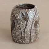 Petite Textured Brown Studio Pottery Vase with Incised Tulip Flower Detail