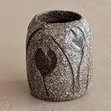 Petite Textured Brown Studio Pottery Vase with Incised Tulip Flower Detail