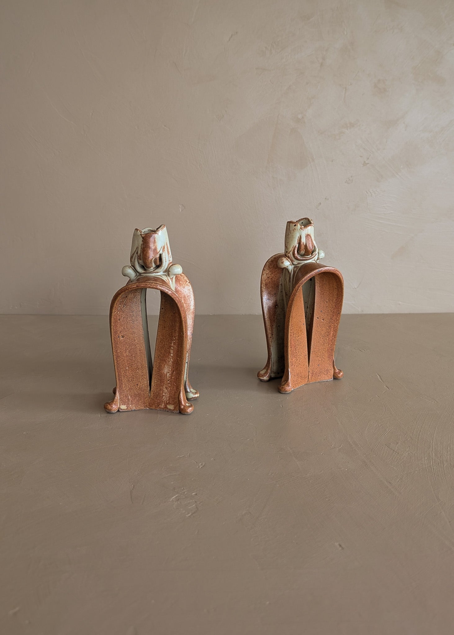 Pair of Unique Organic Modern Neutral Flower-Like Studio Pottery Candleholders