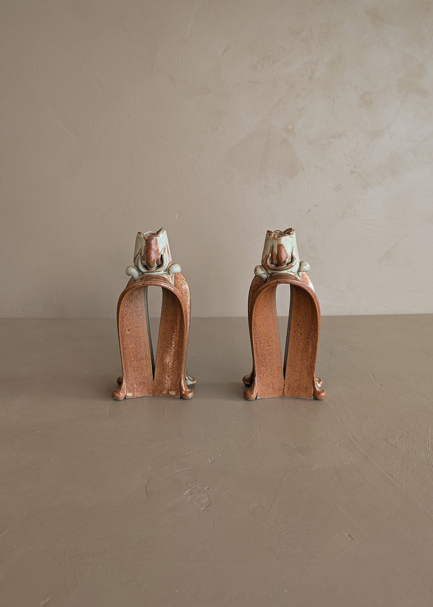 Pair of Unique Organic Modern Neutral Flower-Like Studio Pottery Candleholders