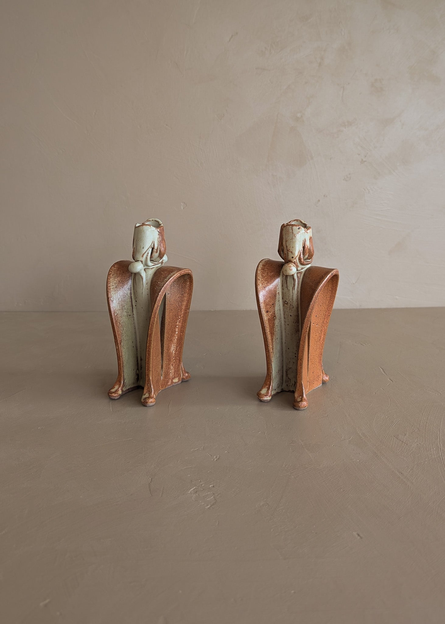 Pair of Unique Organic Modern Neutral Flower-Like Studio Pottery Candleholders