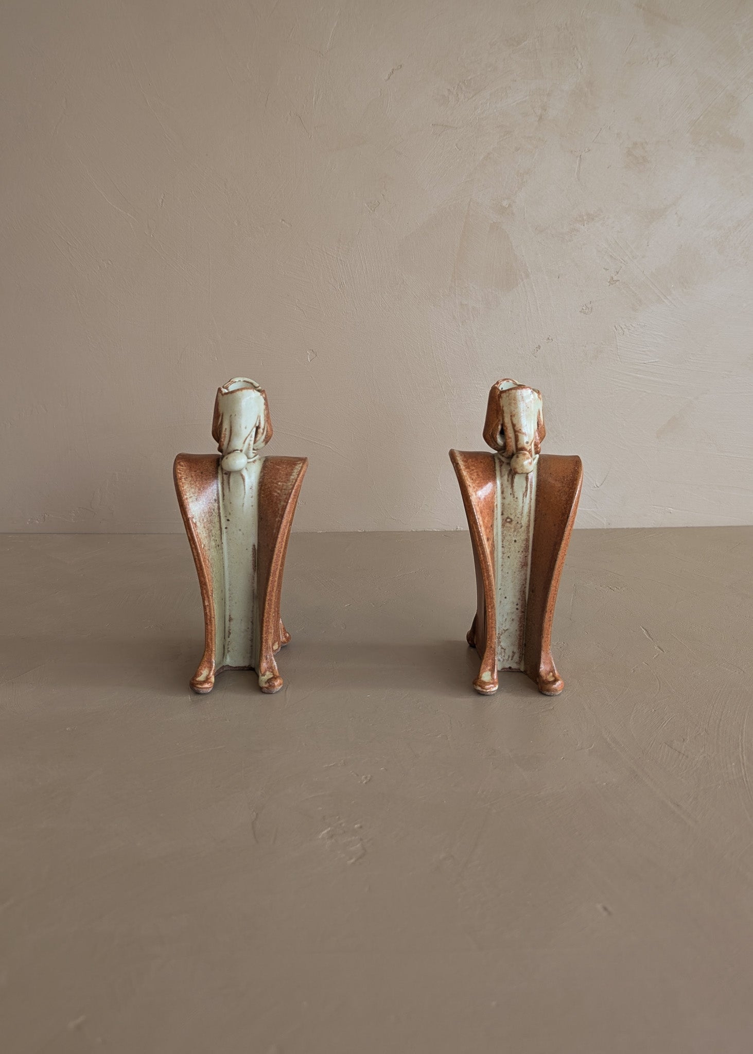 Pair of Unique Organic Modern Neutral Flower-Like Studio Pottery Candleholders